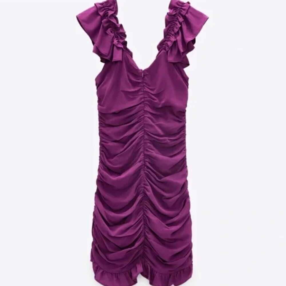 Zara Purple Ruched Ruffle Mini Dress -Sizes S,M NEW WITH TAG! - Picture 10 of 11